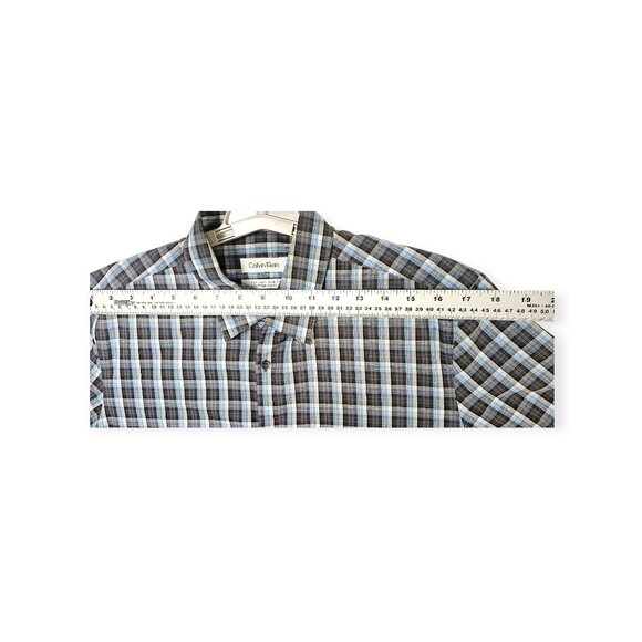 🛍️ Calvin Klein Non-Iron Plaid Dress Shirt - Men's M 15-15.5 Blue White Gray - Picture 4 of 9